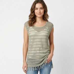 Charlie B. Sage Green Open Knit Semi-Sheer Tunic Boho Tassel Fringe SZ XXL